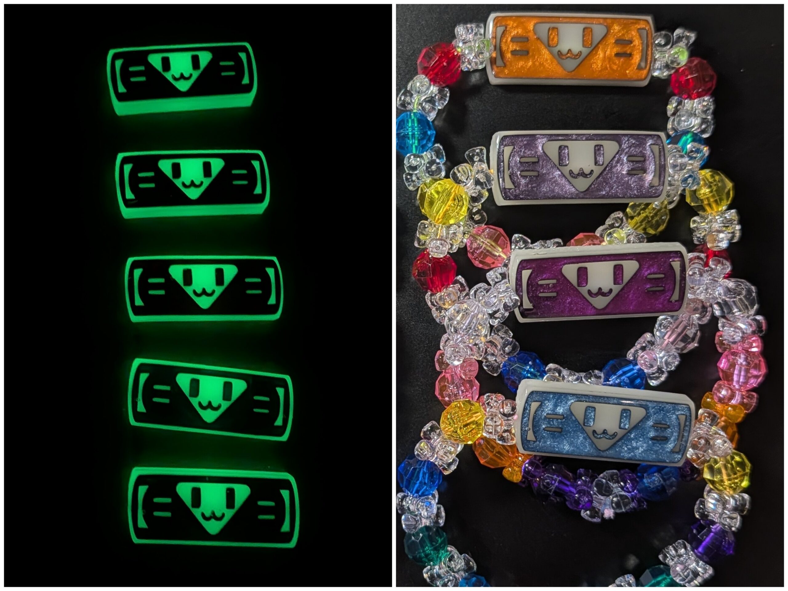 Smiley charms glowing green in darkness beside colorful finished bracelets in daylight